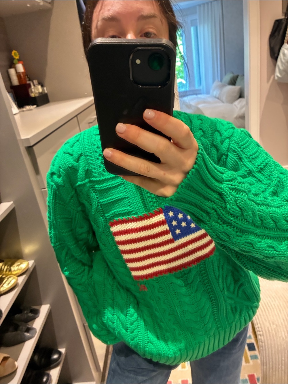 Ralph Lauren Bright Green Cable-Knit Sweater with Flag Motif